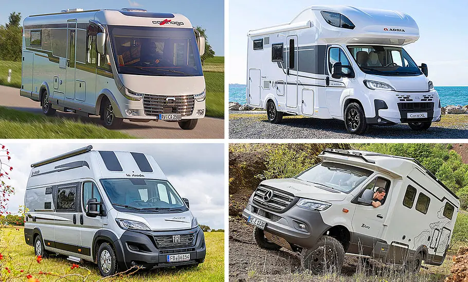 Wohnmobile bis 4,25 t für neuen B-Führerschein Das Bild zeigt vier Wohnmobile bis 4,25 t: Oben links einen Vollintegrierten von Carthago, oben rechts einen Alkoven von Adria, unten links einen Campervan von La Strada, unten rechts ein Allrad-Wohnmobil von Eura.