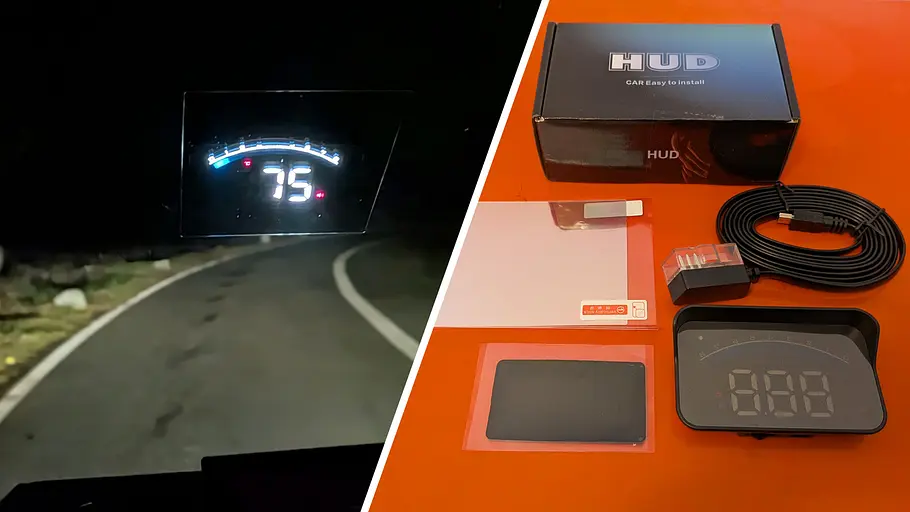 Die Collage zeigt eine nächtliche Straße mit Head-up-Display zum Nachrüsten von Yosoo im Test. Rechts im Bild: Der Lieferumfang des Yosoo Abc HUD OBD2.