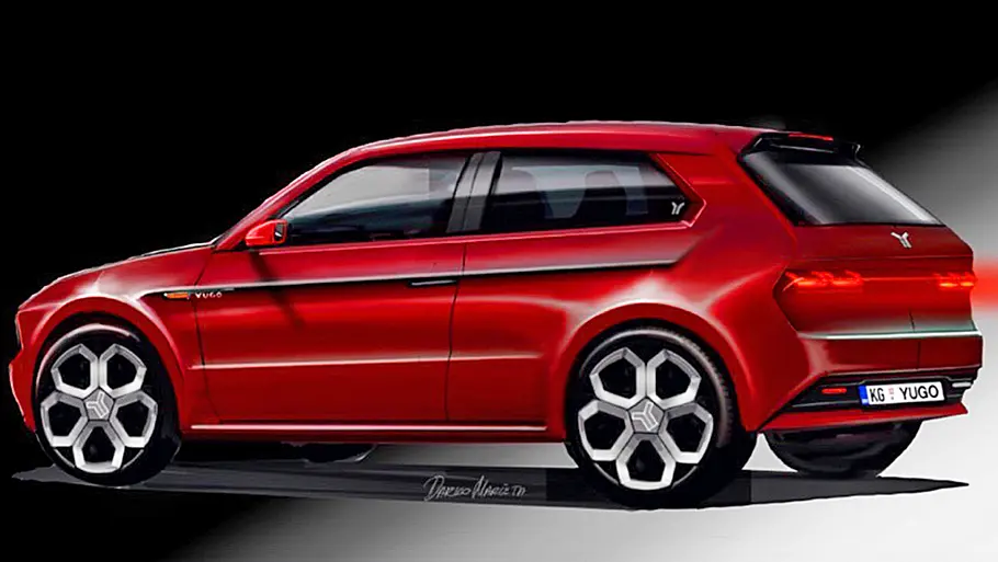 Der Yugo (2027) als Designskizze stehend von hinten.