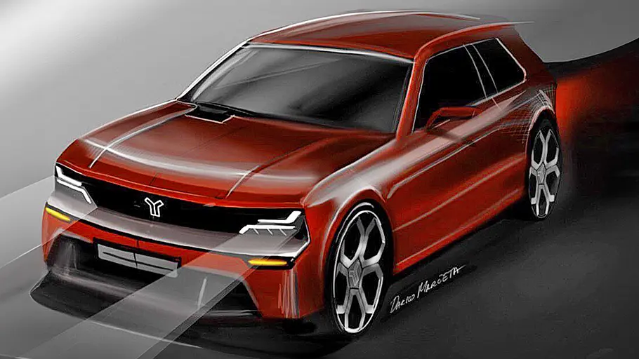 Der Yugo (2027) als Designskizze stehend von schräg vorne links.