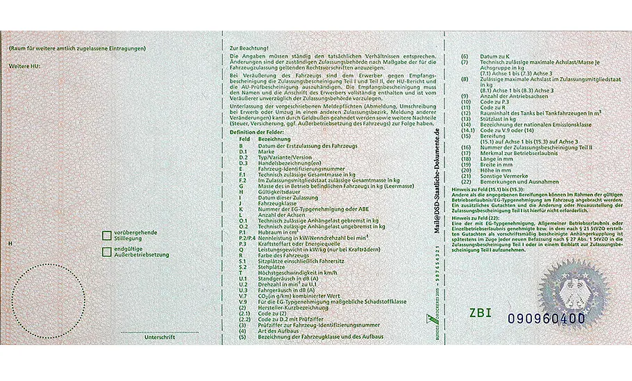Zulassungsbescheinigung Teil 1 Rückseite