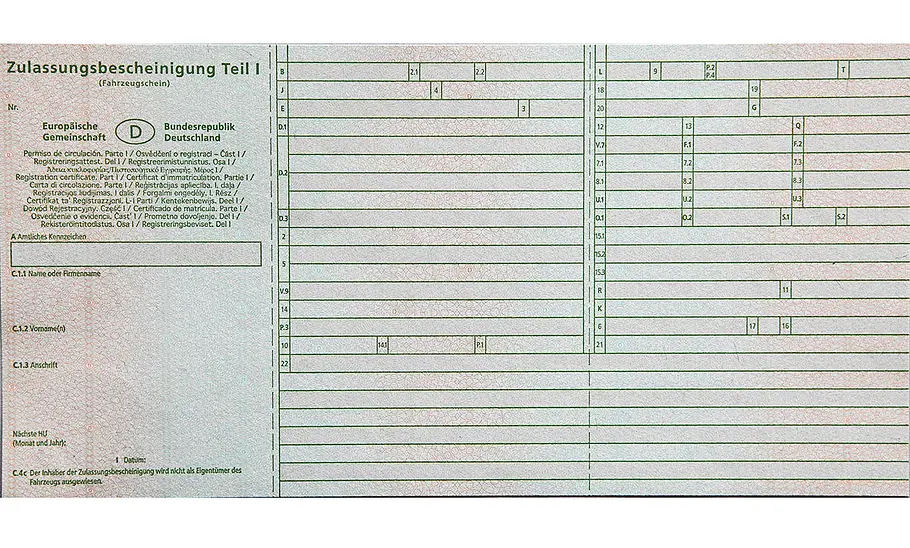 Zulassungsbescheinigung Teil 1 Vorderseite